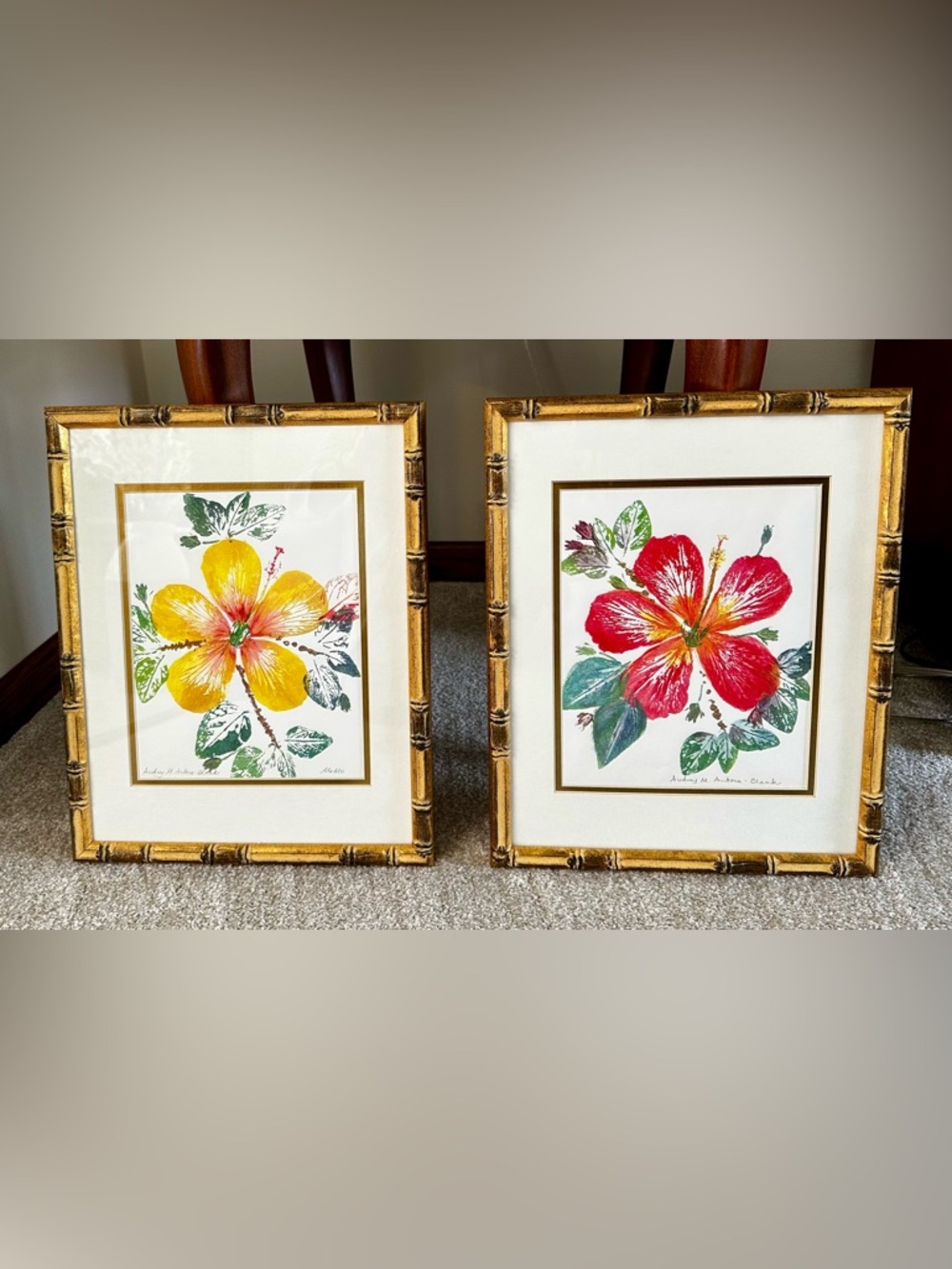 Hibiscus Prints in Gold Bamboo Frames 🌺